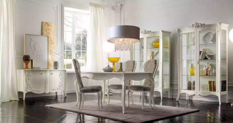 Luxury Dining Room Set 7-Piece White Wood Furniture Display Cabinet 4x Chairs Table