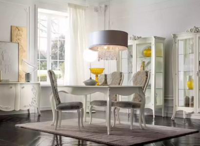 Luxury Dining Room Set 7-Piece White Wood Furniture Display Cabinet 4x Chairs Table