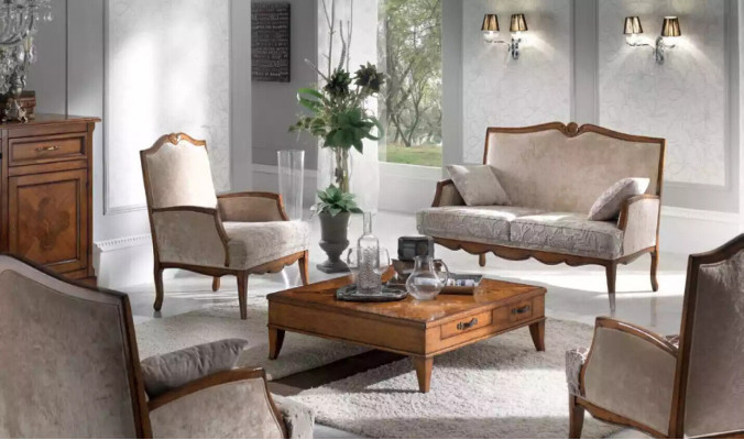Living room set: armchair, coffee table, 2-seater upholstered sofa, luxury beige, new.
