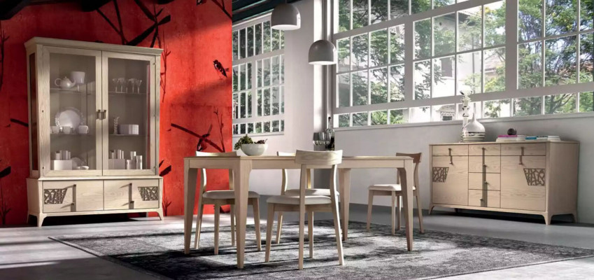 Suite set table 4x chairs beige display cabinet set dining group 7-piece dining room