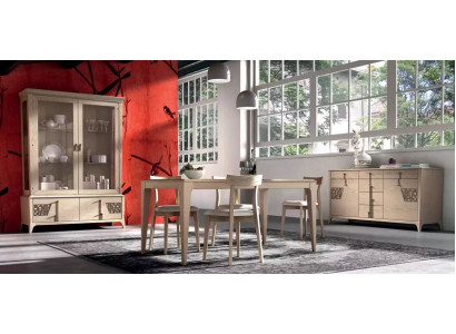 Suite set table 4x chairs beige display cabinet set dining group 7-piece dining room