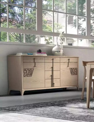 Suite set table 4x chairs beige display cabinet set dining group 7-piece dining room
