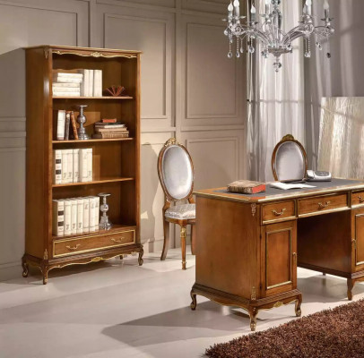 Elegant brown wooden desk with bookshelf office furniture sets, 2-piece set.