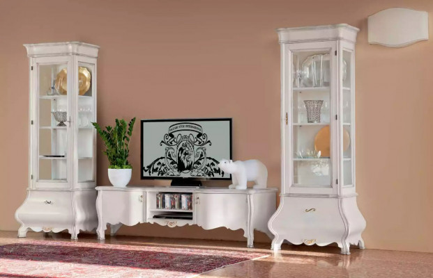 White luxury living room wall furniture 2x display cabinets TV stand classic