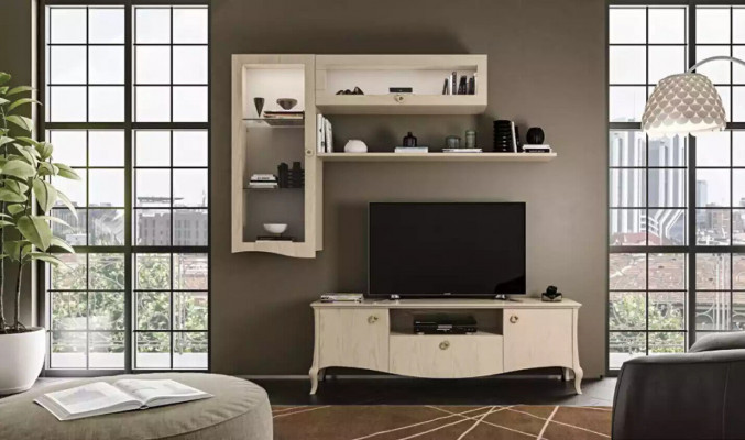 Luxury TV stand - Living room RTV lowboard wall shelves beige wall unit new