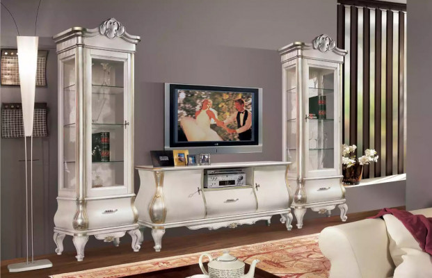 Luxurious wooden cabinet with glass classic white furniture cabinet showcases