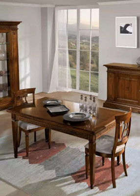 7-piece dining set. Dining room table, 4 chairs, display cabinet, luxury wood furniture.