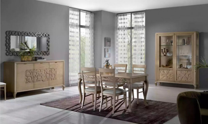 Design dining room set with dining table, 8-piece wood furniture, sideboard, 4x chairs, new.