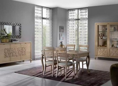 Design dining room set with dining table, 8-piece wood furniture, sideboard, 4x chairs, new.