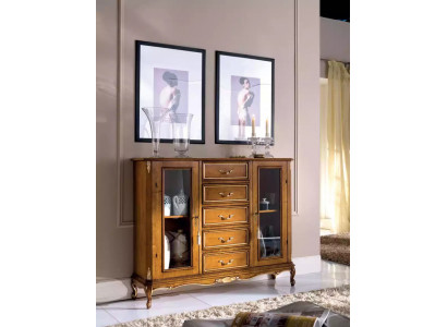 Exclusive brown wooden display cabinet with drawers in classic furniture style.