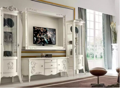 Classic Style White Living Room Wall Unit Lowboard 2x Display Cabinet TV Frame Set New