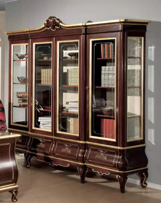 Classic brown bookshelf with drawers, glass doors, solid wood furniture