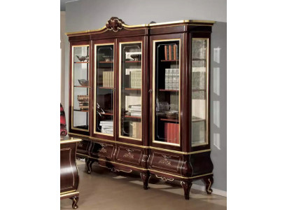 Classic brown bookshelf with drawers, glass doors, solid wood furniture