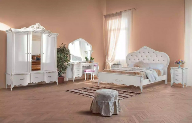 White wardrobe, solid wood furniture, bedroom, designer glass doors