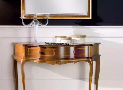 Luxurious wooden console table in the bedroom, classic brown lamp