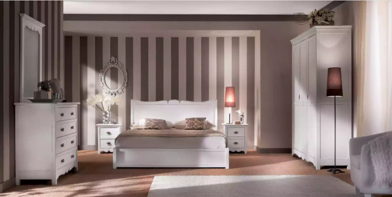 Modern bedroom bed, 2x nightstands, dresser, wardrobe set