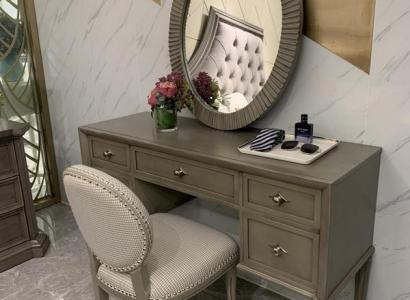 Makeup table, mirror, stool, luxury complete bedroom set 3-piece wood consoles.