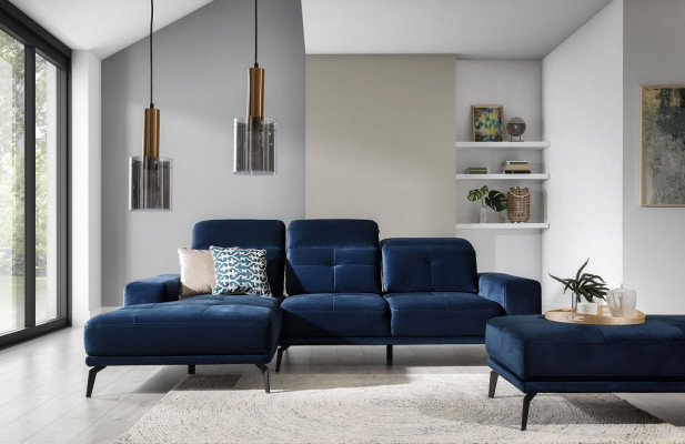 Designer sofa couch corner sofa fabric upholstery suite living landscape L-shaped blue