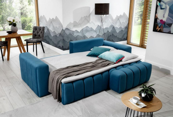 L-shaped sectional sofa in gray fabric, design couch, upholstery textile, modern suite