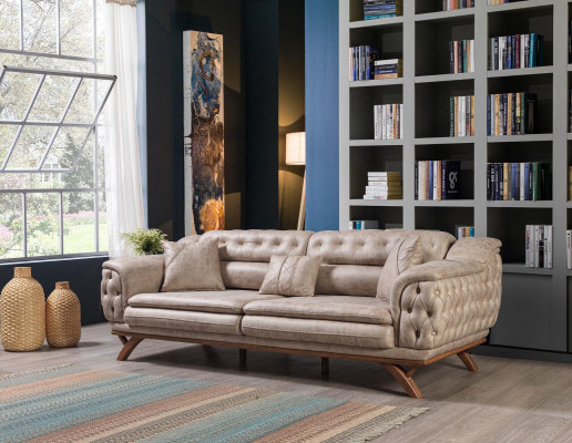 Chesterfield 3-seater beige design couches, upholstered sofas, textile couch