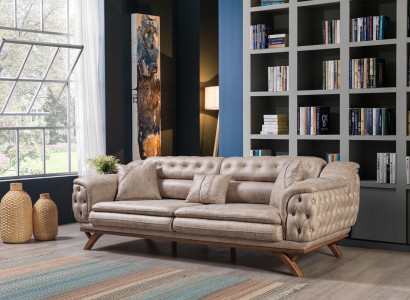 Chesterfield 3-seater beige design couches, upholstered sofas, textile couch