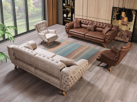 Chesterfield 3-seater beige design couches, upholstered sofas, textile couch