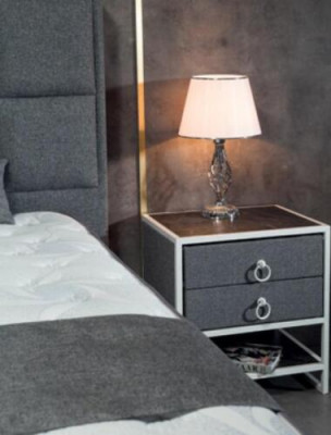 Bedroom Set Grey Bed Design Modern Luxury 2x Nightstands 3 pcs