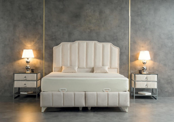 Bedroom Set Beige Metal Bed Luxury 2x Nightstands Elegant 3-piece Set