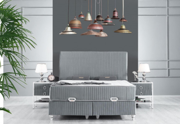 Bedroom Set Grey Metal Bed Boxspring Design 2x Nightstands New 3-piece.