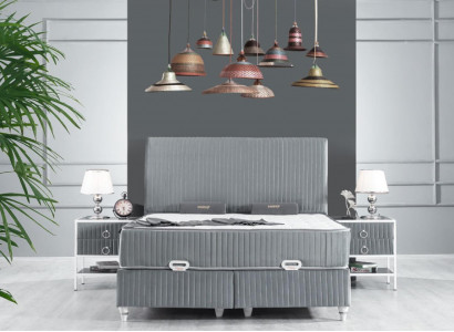 Bedroom Set Grey Metal Bed Boxspring Design 2x Nightstands New 3-piece.