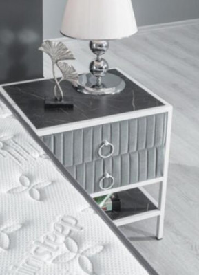 Bedroom Set Grey Metal Bed Boxspring Design 2x Nightstands New 3-piece.