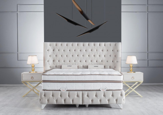 Bedroom Set White Box Spring Bed Chesterfield Elegant 2x Bedside Tables 3-piece.