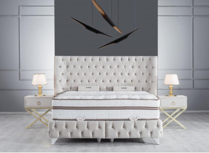 Bedroom Set White Box Spring Bed Chesterfield Elegant 2x Bedside Tables 3-piece.