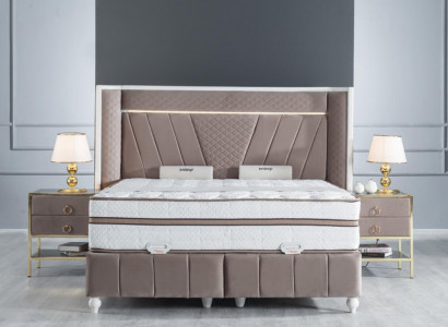 Luxury Bedroom Set Beige Bed 2x Nightstands Beds Furniture LED 3-piece