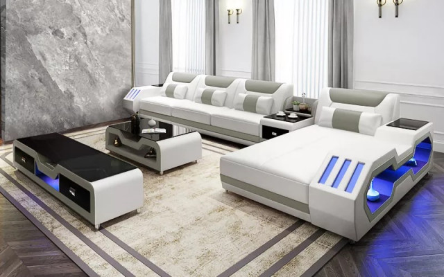 Leather sofa LED illuminated designer corner couch upholstered corner suite sofa 2-piece set