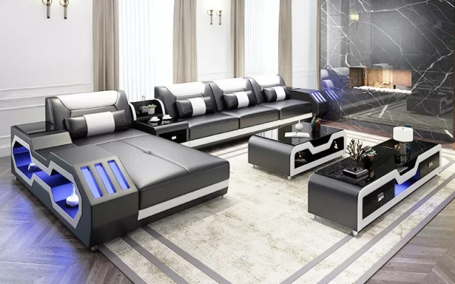 Leather sofa LED illuminated designer corner couch upholstered corner suite sofa 2-piece set