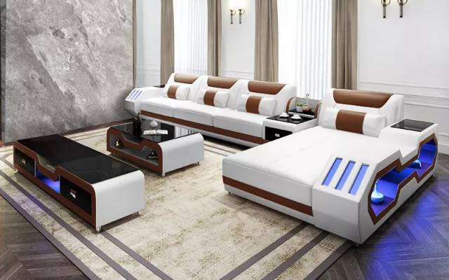 Leather sofa LED illuminated designer corner couch upholstered corner suite sofa 2-piece set