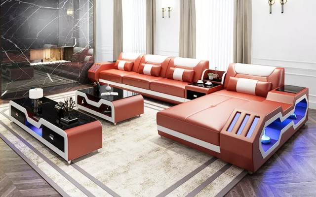 Leather sofa LED illuminated designer corner couch upholstered corner suite sofa 2-piece set
