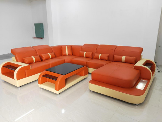 Living landscape U-shape leather sofa upholstered corner sofa couch leather textile USB new