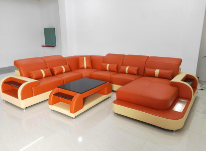 Living landscape U-shape leather sofa upholstered corner sofa couch leather textile USB new