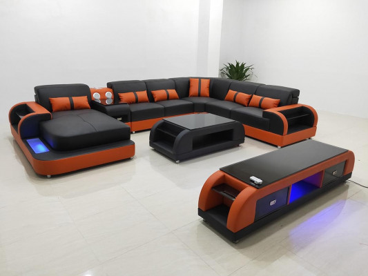 Living landscape U-shape leather sofa upholstered corner sofa couch leather textile USB new