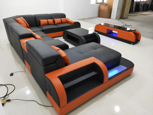 Living landscape U-shape leather sofa upholstered corner sofa couch leather textile USB new