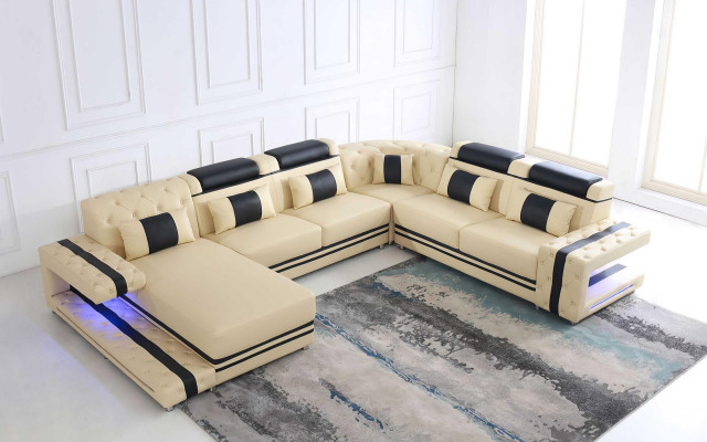 Leather Upholstery Seat Design Modern Corner Suite Sofa Living Landscape U Shape USB LED