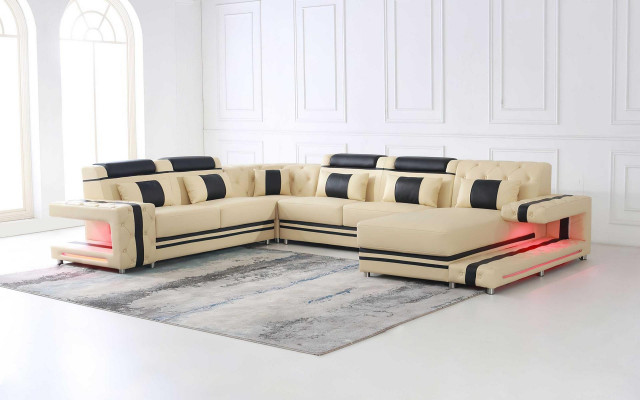 Leather Upholstery Seat Design Modern Corner Suite Sofa Living Landscape U Shape USB LED