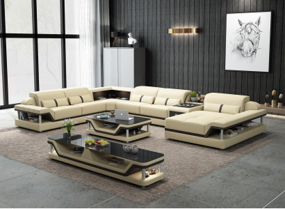 Beige corner sofa with coffee table 2-piece. Living room leather sofa set corner suite table.