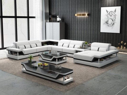 Beige corner sofa with coffee table 2-piece. Living room leather sofa set corner suite table.