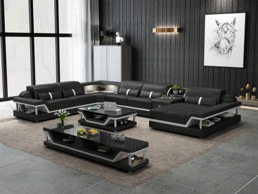 Beige corner sofa with coffee table 2-piece. Living room leather sofa set corner suite table.