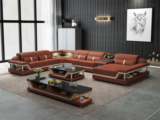 Beige corner sofa with coffee table 2-piece. Living room leather sofa set corner suite table.