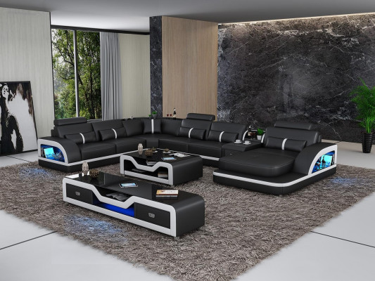Black corner sofa with 2-piece coffee table, living room leather sofa set, corner suite, table