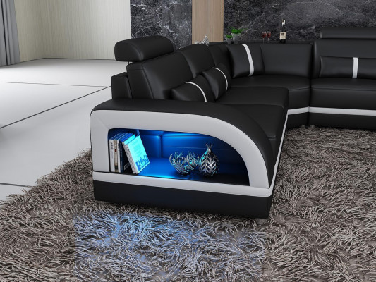 Black corner sofa with 2-piece coffee table, living room leather sofa set, corner suite, table